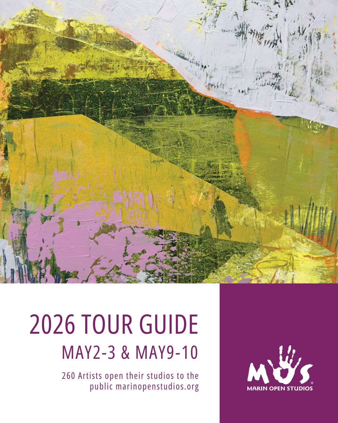 purple and green painting on a Marin Open Studios Flyer
