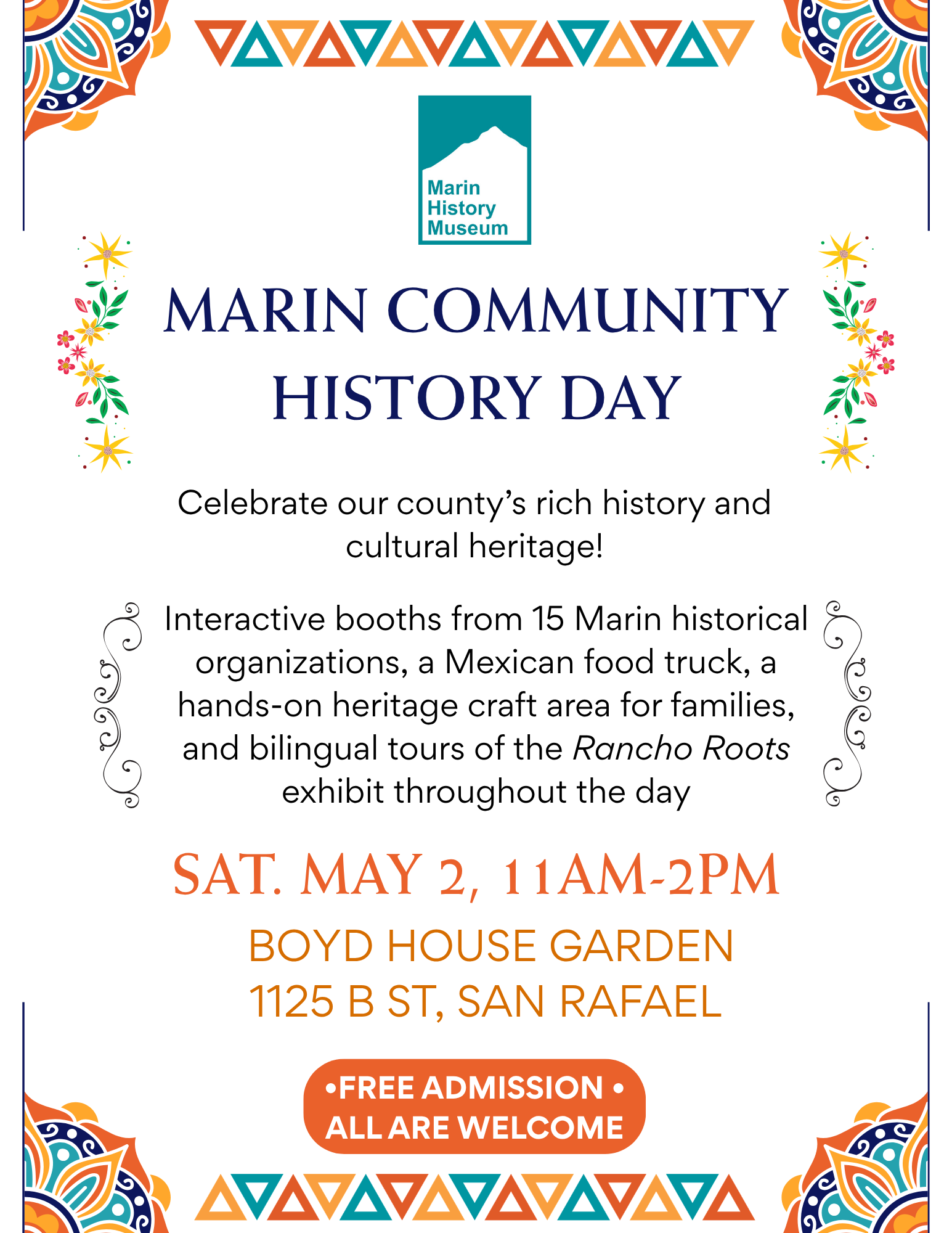 Marin Community History Day Flyer with event details and mandala design in corners