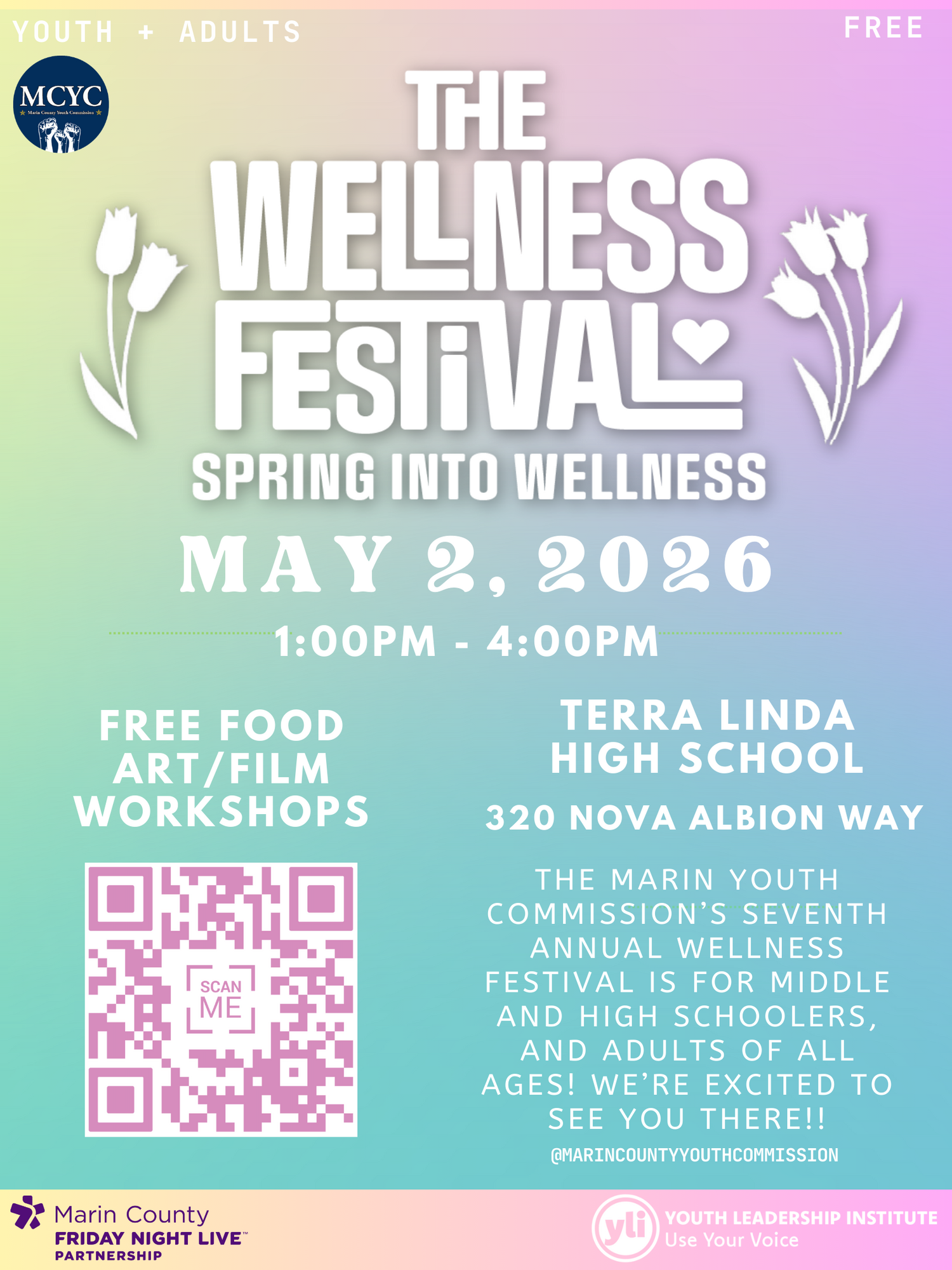 The Wellness Festival Flyer with events details and QR code on ombre pastel background