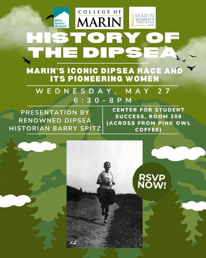 History of the Dipsea Flyer with event details on green background with clouds and woman running in black and white photo