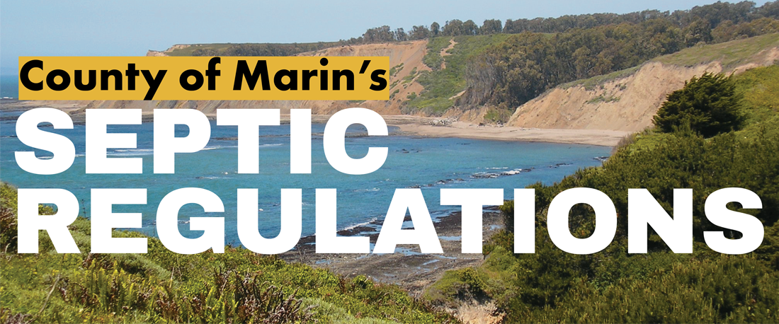 Agate Beach in Bolinas with text overlaid that reads "County of Marin Septic Regulations".