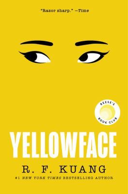 yellowface book cover, expressive eyes on yellow background