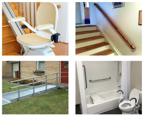 Stair lift, railings and bathtub and toilet rails