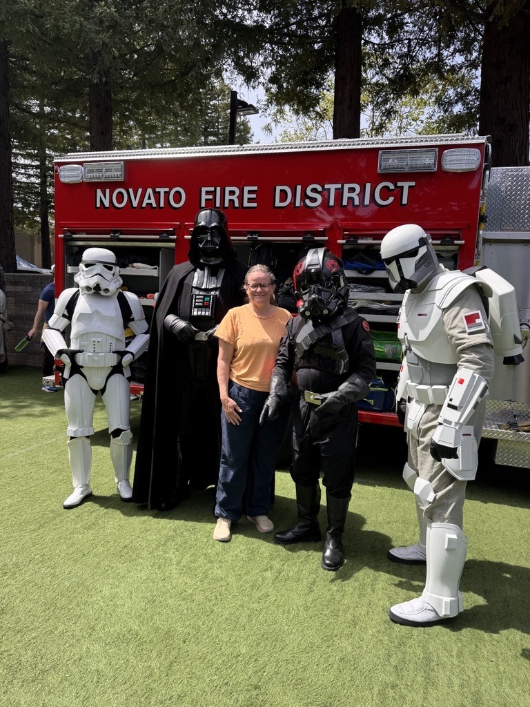 Mary with Darth Vader and Storm Troopers in Front of Fire Truck 