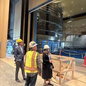 Supervisors Mary Sackett and Eric Lucan touring the Veterans’ Memorial Auditorium renovations project. 