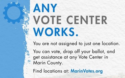 Image that reads: Any Vote Center Works, directing people to the website: marinvotes.org