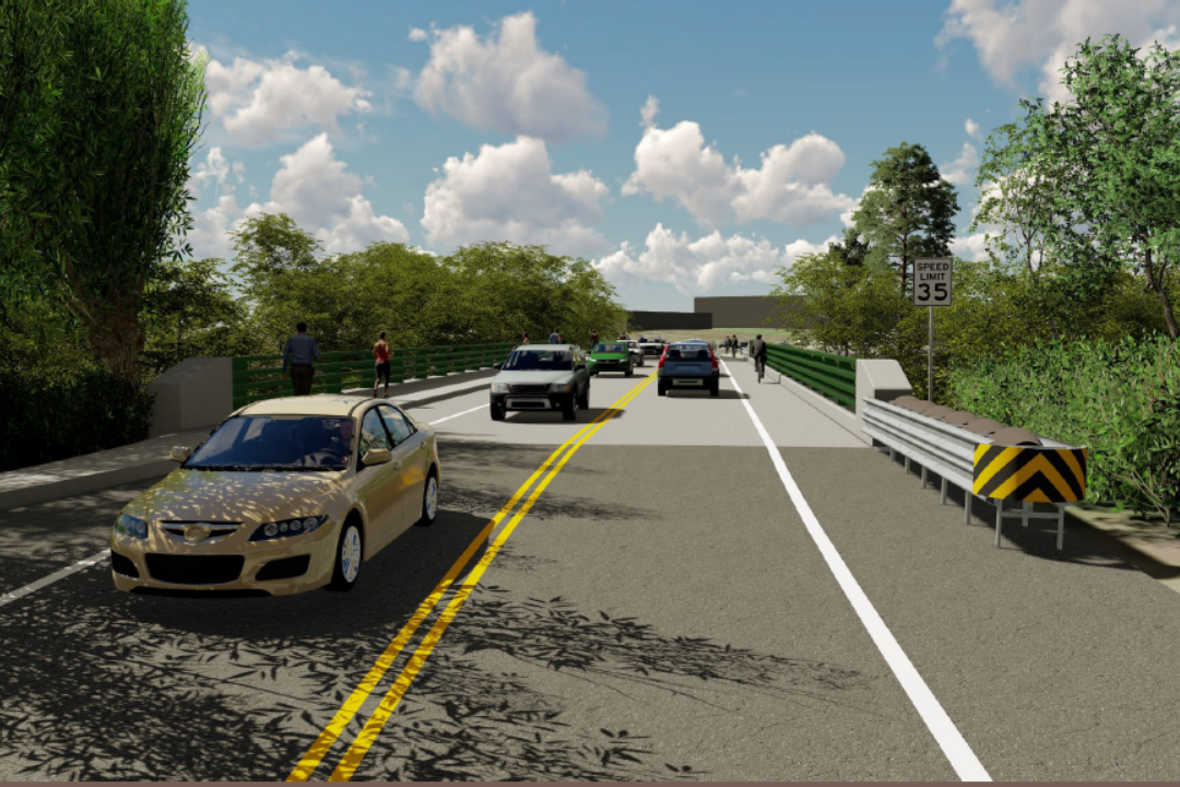 Drawing of a bridge with cars and pedestrians