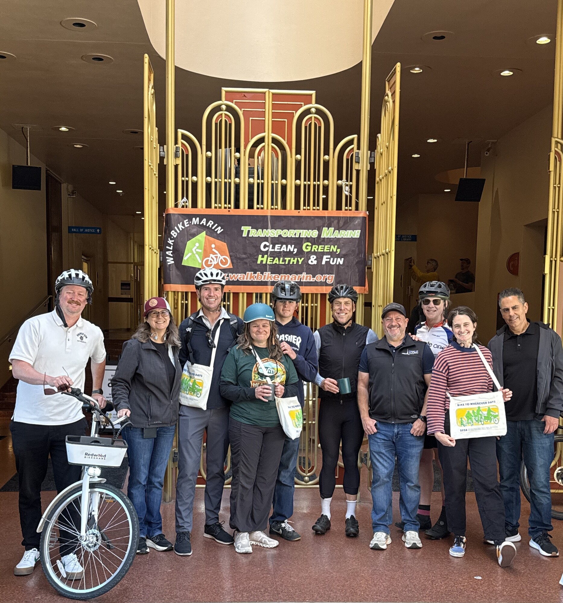Mary with others in front of Civic Center entrance