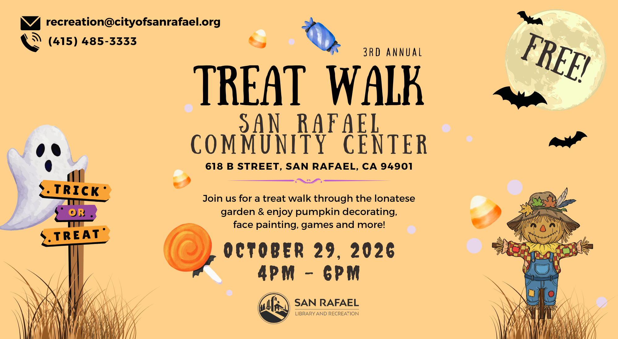 Treat Walk Flyer with timing spelled out and ghost and candy and scarecrow clipart