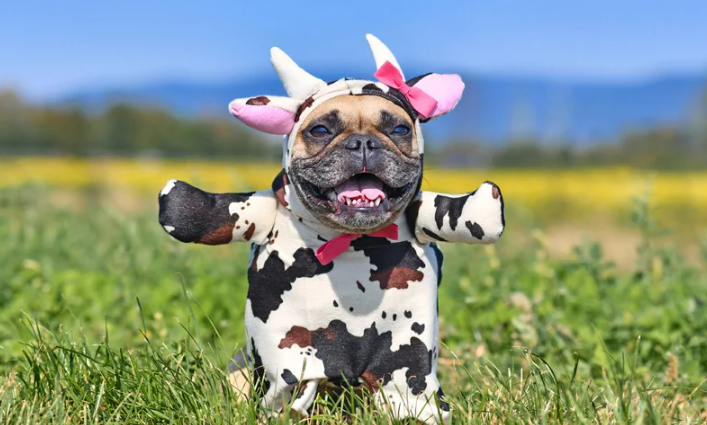 French bulldog in cow costume on grass