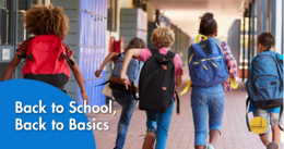 Students with backpacks walk through a school hallway. Text reads, “Back to School, Back to Basics,” with the County of Marin logo.