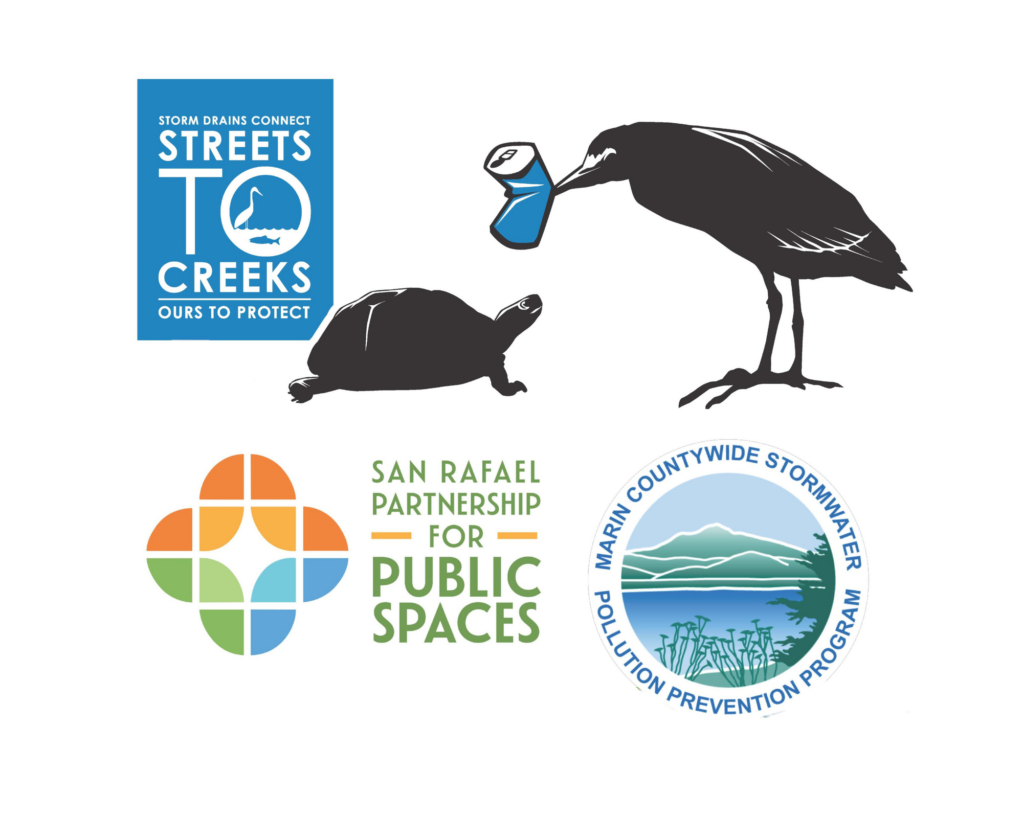 partner organization logos and turtle looking up at bird with trash in beak