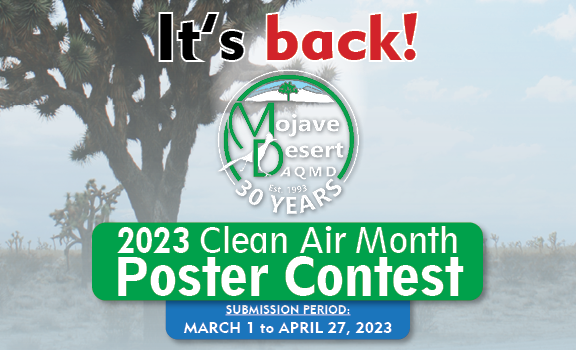 2023 Clean Air Month Poster Contest graphic featuring Joshua tree in the background and MDAQMD 30th anniversary logo in the foreground