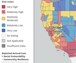 Map of Western US showing risk levels for different states. California shows the highest risk. 