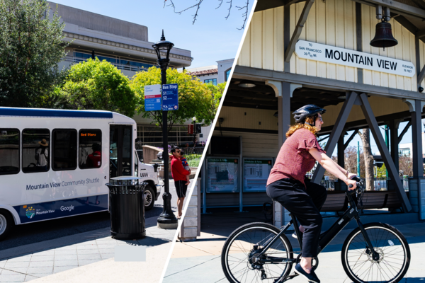 Image of Community Shuttle dropping off father and children, as well as a woman riding an electric bike in Mountain View