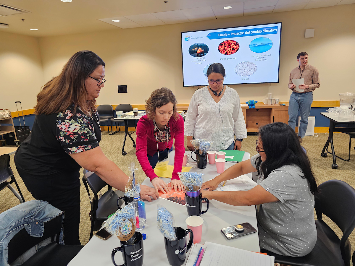 Members of the Spanish Language Leadership Academy doing an activity at a round table.