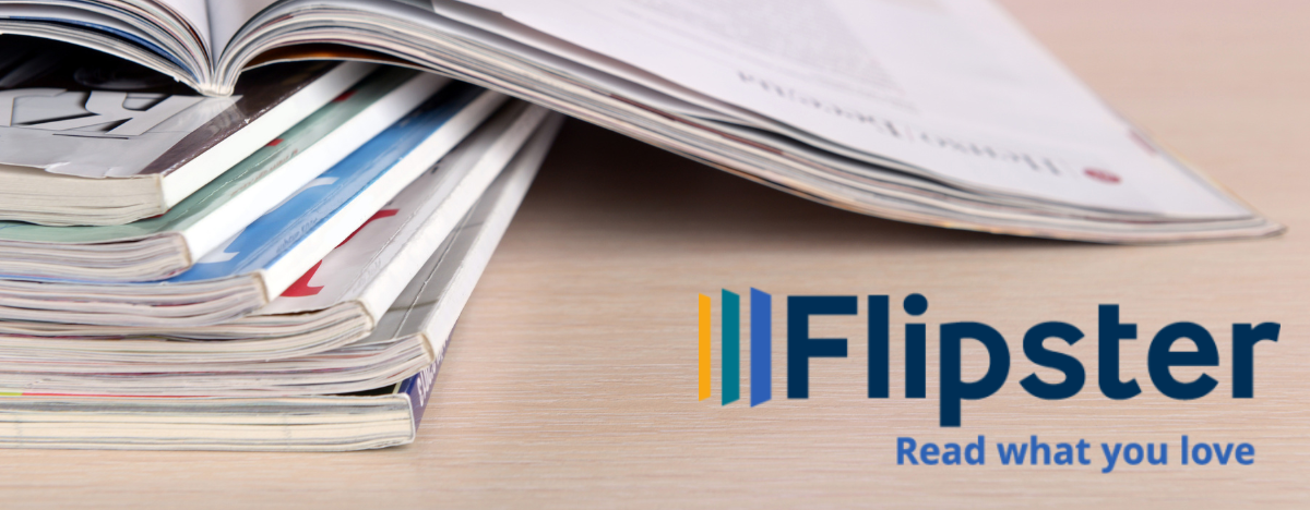 Photo of a stack of magazines accompanied by the Flipster logo