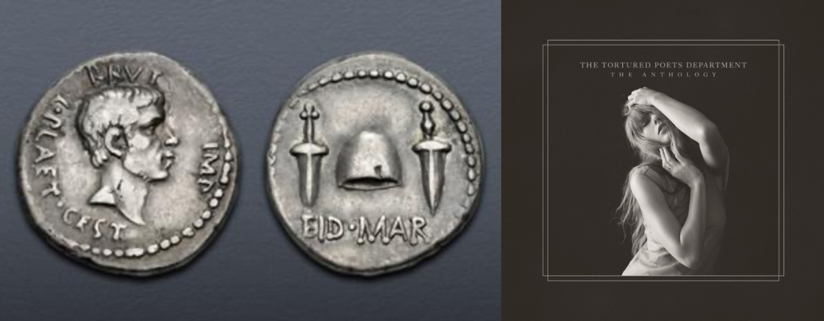 Photo of two ancient coins and an image of Taylor Swift's Tortured Poets Department album cover