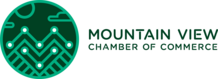 Mountain View Chamber of Commerce Logo in Green with Digital Lines a Sun and Cloud