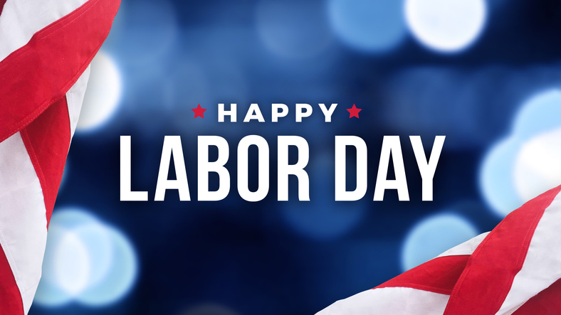 Red, white, and blue background image with the words Happy Labor Day