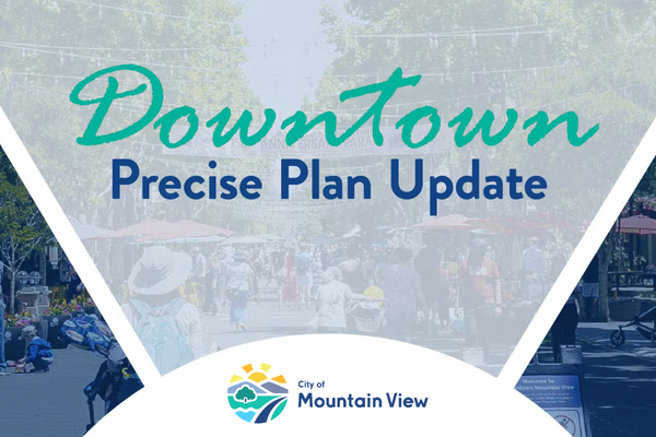 Downtown Precise Plan Update image with City logo on the bottom with a picture of people in Downtown