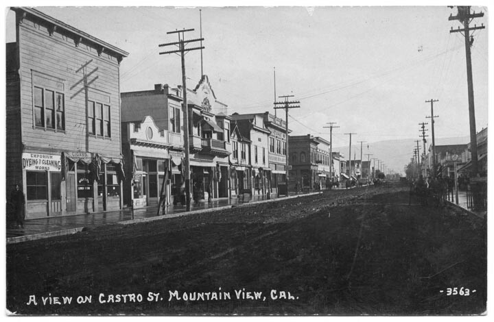 A black and white photograph of historic Downtown Mountain View