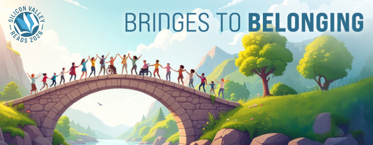 Illustration depicting a group of people joining hands across a bridge over a river, with overlaying text that reads "Bridges to Belonging" 