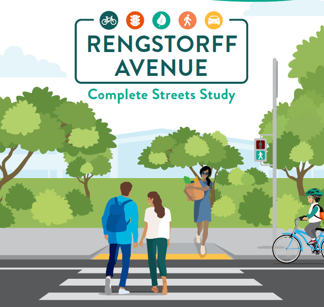 Illustration of two people in a crosswalk holding hands with the words Rengstorff Avenue Complete Streets Study