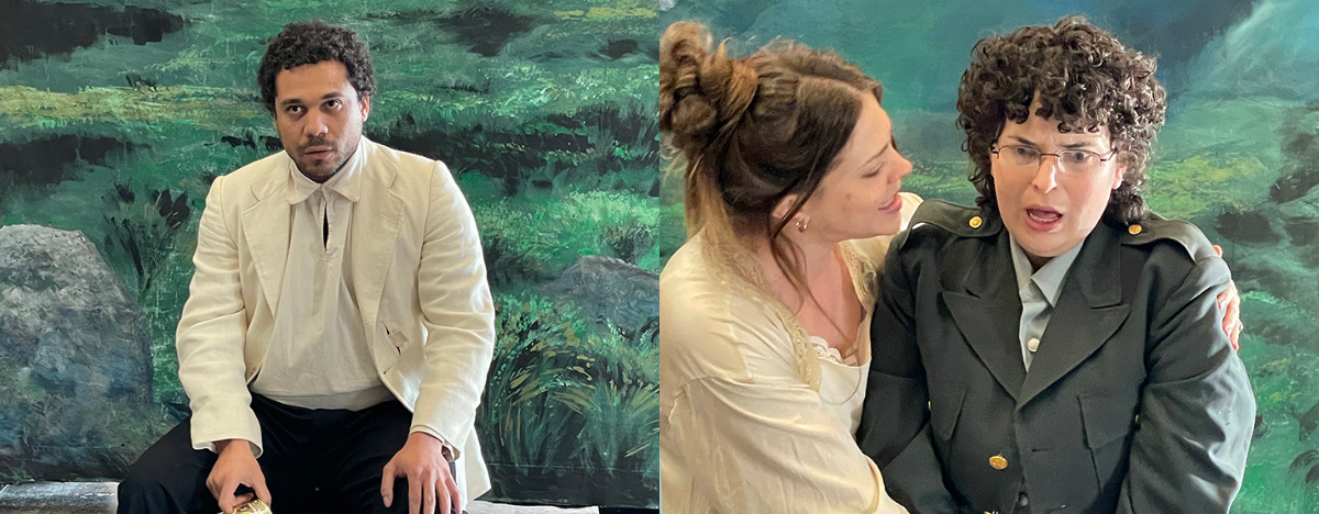 Two photos of actors performing Julius Caesar on stage