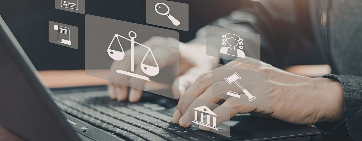 Photo of a person typing on a laptop with overlaid images depicting a balance scale, document icon, gavel, and more