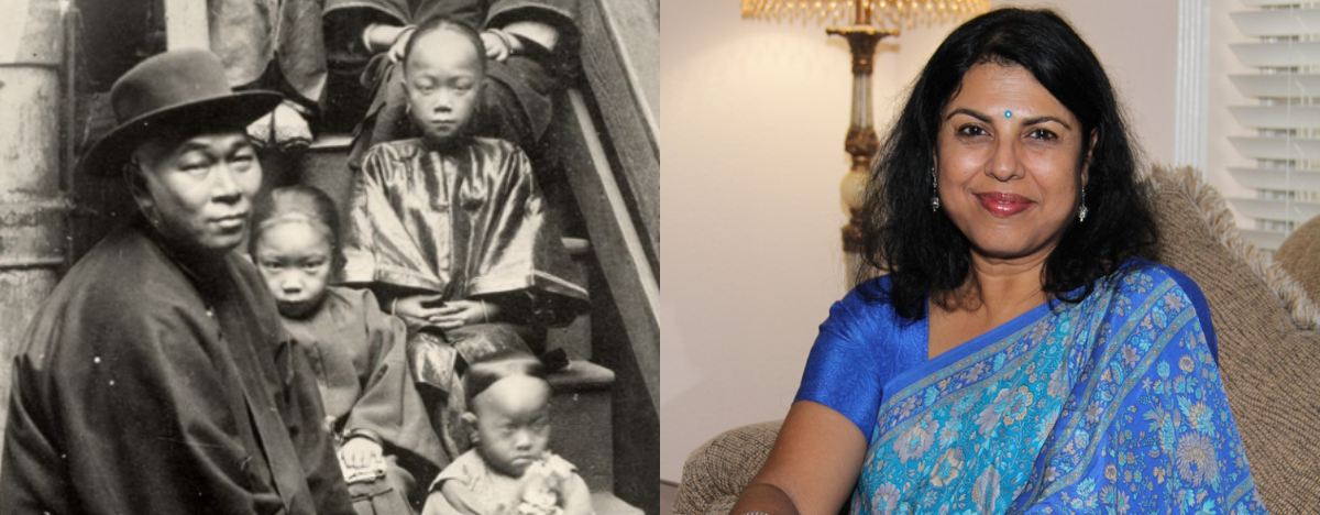 Historical photo of a Chinese family in Mountain View next to a present photo of author, activist, and professor Chitra Banerjee Divakaruni
