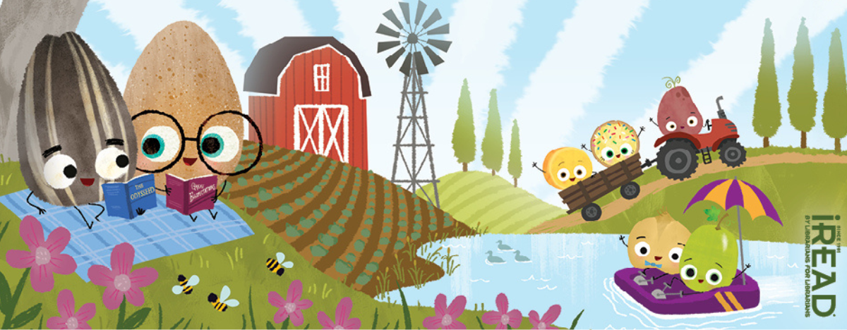 Image with illustrated artwork by Pete Oswald and Jory John that depict seeds and vegetables reading to each other