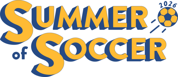 Summer of Soccer logo in orange and dark blue coloring with a soccer ball