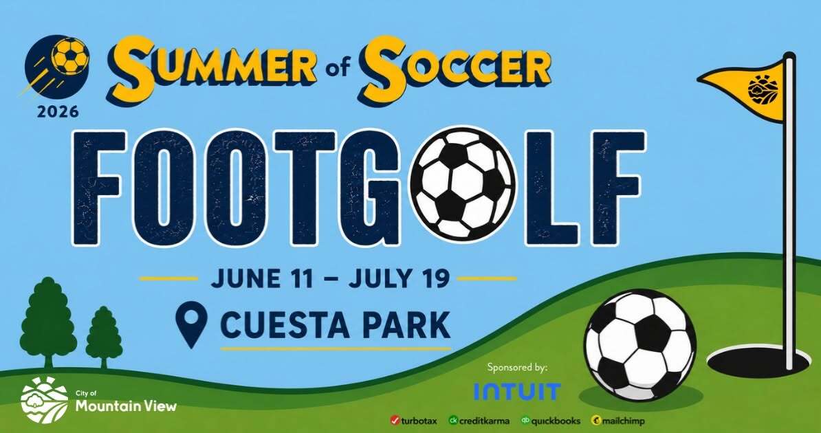 Promotion for Summer of Soccer Footgolf at Cuesta Park with a blue sky, green grass, and a soccer ball near a golf hole with yellow flag.