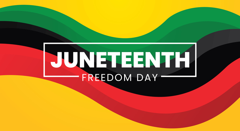 Illustration in with ribbons in yellow, black, green, and red that says, Juneteenth, Freedom Day in white letters
