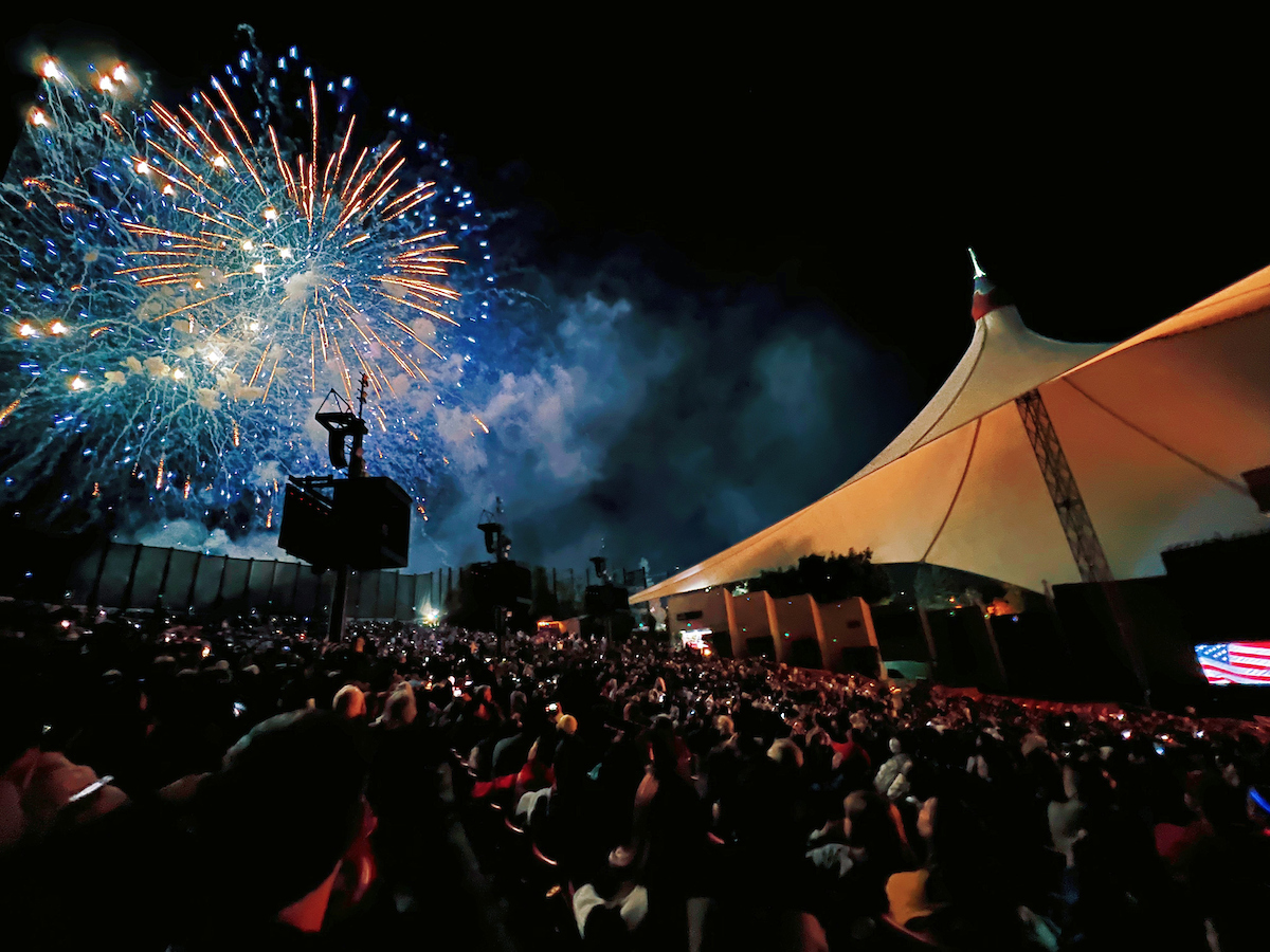 Picture of a fireworks show showing a crowd at night watching fireworks exploding in the sky