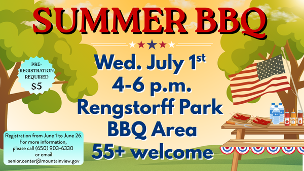 Summer BBQ Social promo with the date and place with a background of a park and American flag