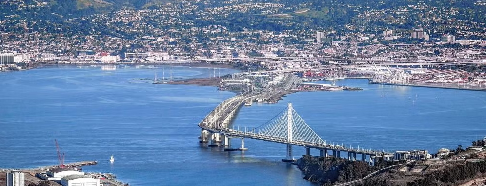 Aerial view of Bay Bridge East Span with Oakland in the background