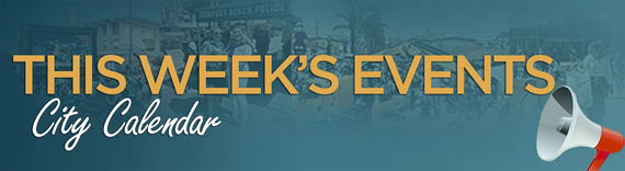 Graphic reading 'This Week's Events City Calendar' with a megaphone over a view of City events