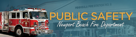 Graphic reading 'Public Safety Newport Beach Fire Department' with a fire engine over a view of Peninsula Fire Station No. 2