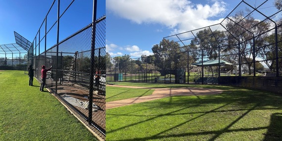 collage of two photos both with new fences at ballparks