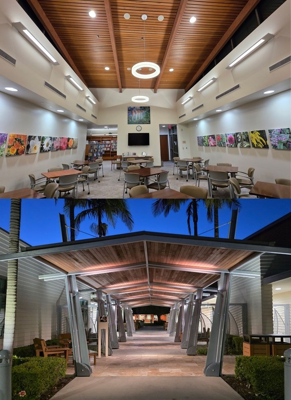 collage showing new lighting project at OASIS, one of a sitting room and one of the exteriro patio