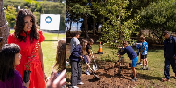 collage of Mayor Kleiman talking with students and students with shovels panting a tree as City staff looks on