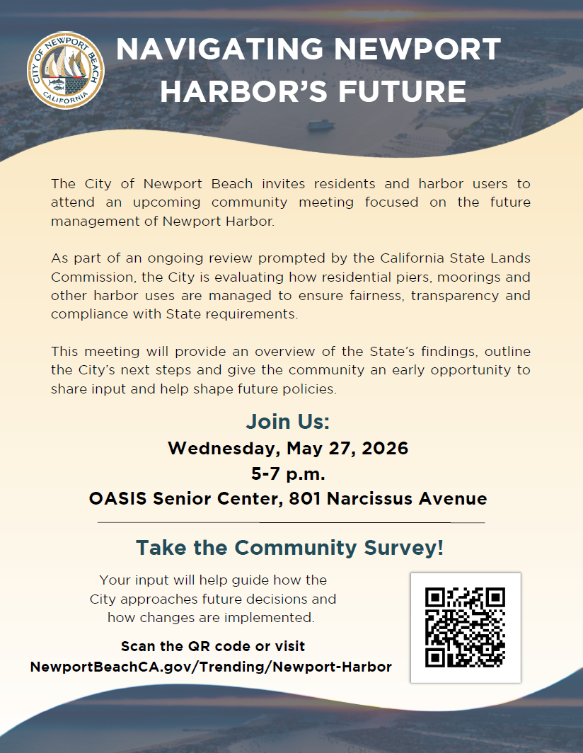 Flyer titled “Navigating Newport Harbor’s Future” with details for a community meeting on May 27, 2026, and a QR code linking to an online survey.