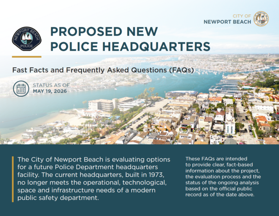 Graphic titled Proposed Police Department Headquarters with City and Police logos with Newport Beach Harbor and neighborhoods. 