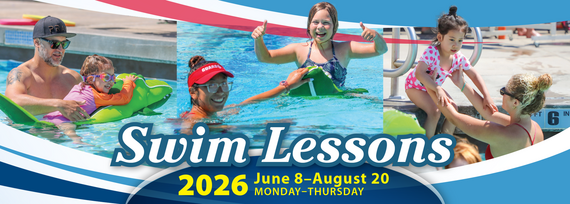 Swim lesson banner with dates and photo of kids and instructors in pools