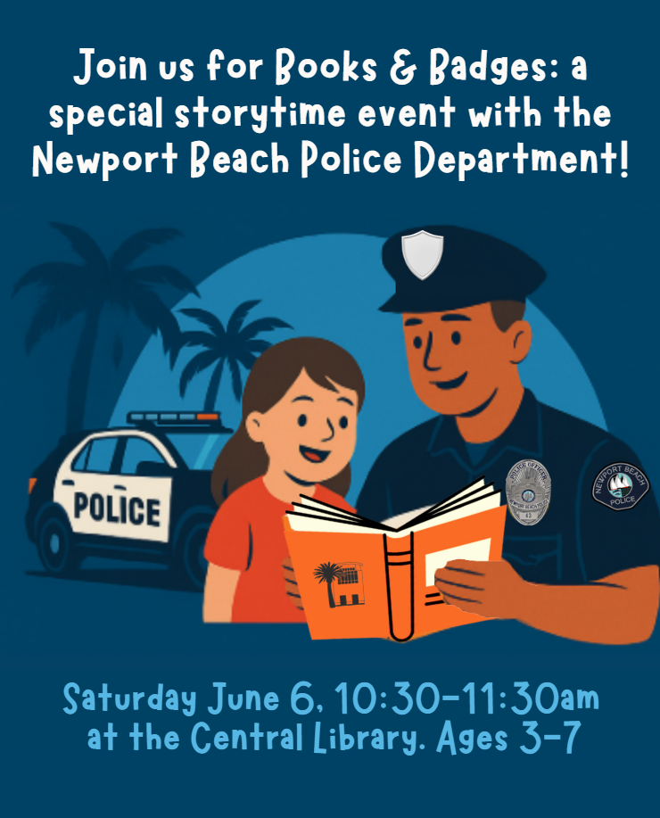 Cartoon of police offficer reading to young girl with a police car and palm trees and event information
