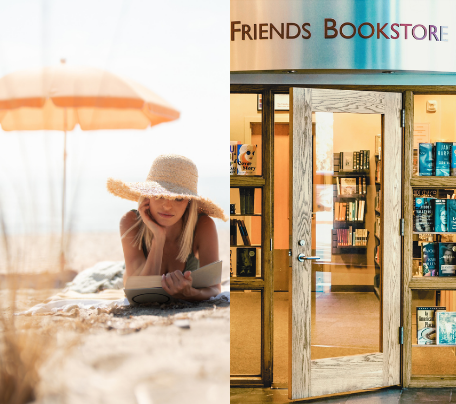 woman reading a book on the beach and the front of the friends bookstore