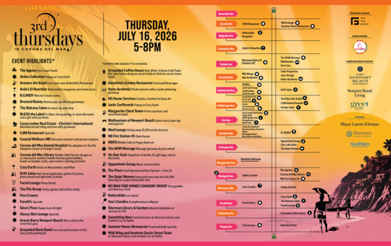 Guide to July 16’s Corona del Mar 3rd Thursdays event, showing activities, entertainment and participating business locations.