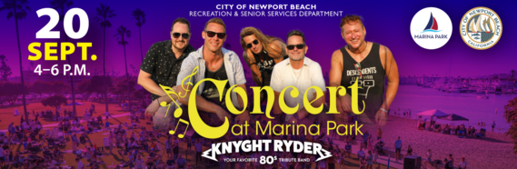 graphic for Concert at Marina Park, featuring your favorite 80s tribute band, Knyght Ryder. September 20 from 4-6 p.m. 